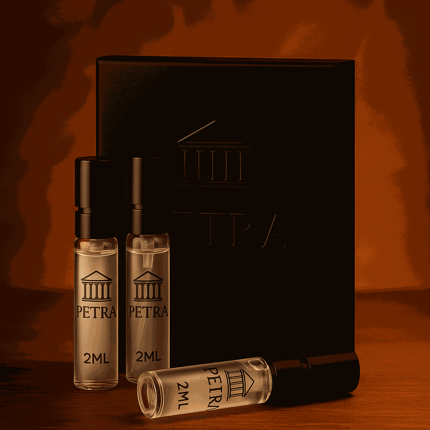 Petra 3-bottle fragrance sample set with 2ml spray vials and black branded box for scent discovery
